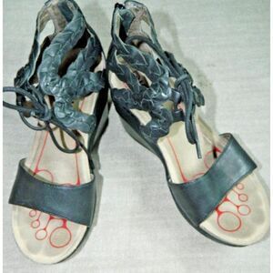 Bionica Sandal Women's Size 8 Black Leather Sunset 3" Wedge Peep Toe